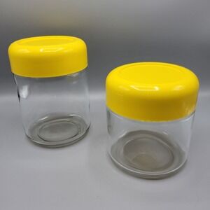 Vtg Retro MCM Heller Design Massimo Vignelli Glass Canisters Set Of 2 Yellow Lid